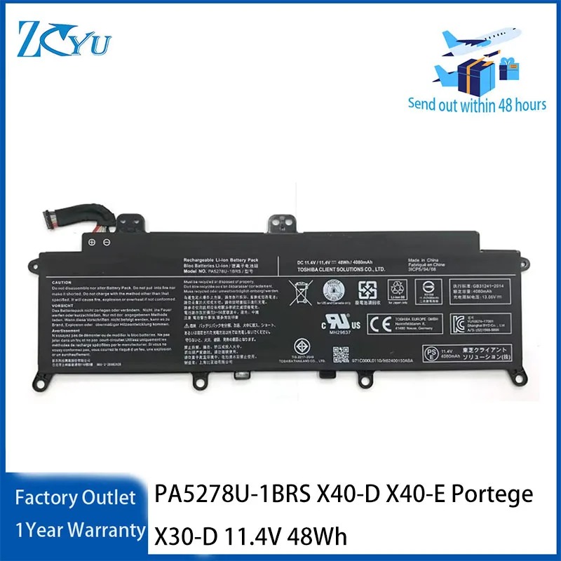 PA5278U-1BRS Laptop Battery for Toshiba Tecra X40-D X40-E Portege X30-D 11.4V 48Wh