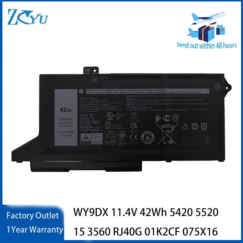 WY9DX Original Laptop Battery for Dell Latitude 5420 5520 Precision 15 3560 RJ40G 01K2CF 075X16 11.4V 42Wh